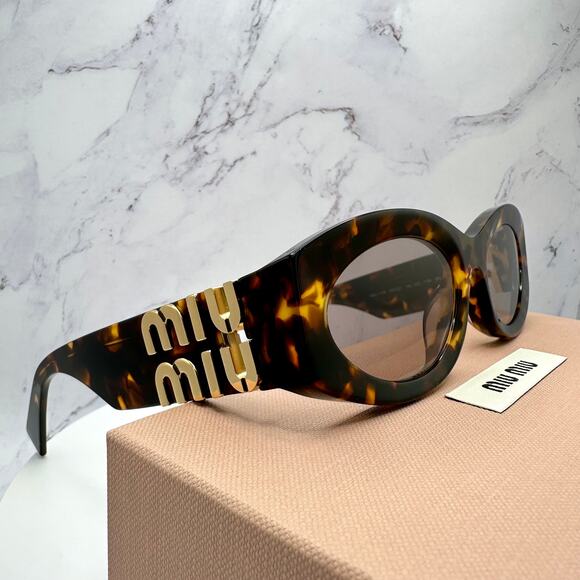 New MIU MIU Sunglasses Brown Tortoise Shell Oval Acetate Gold Logo Italy - Picture 6 of 16